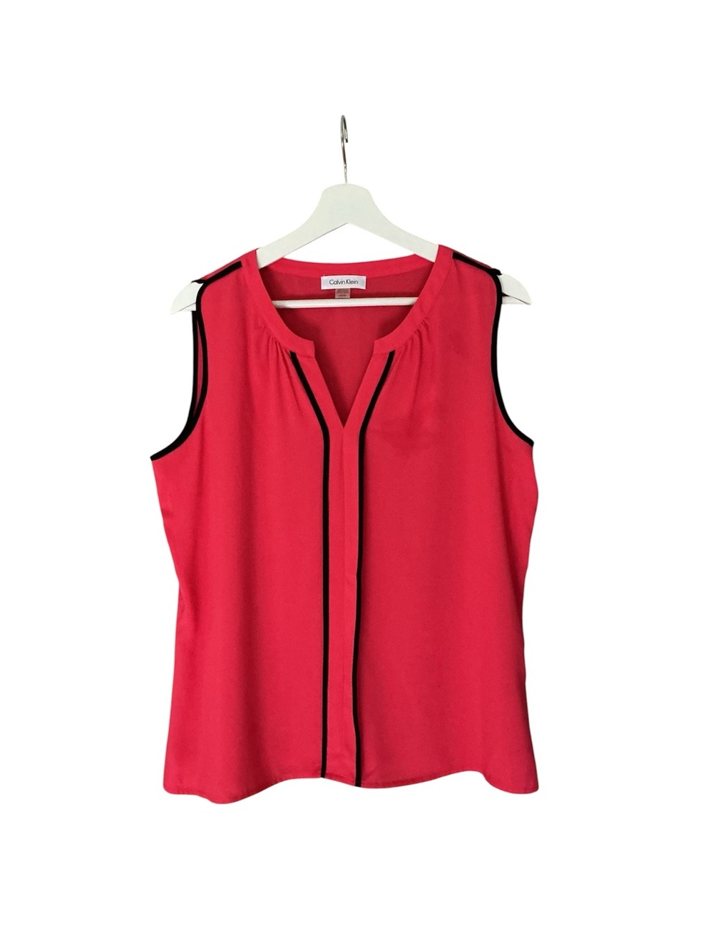 Calvin Klein Dark Coral Sleeveless V-Neck Shell with Black Piping